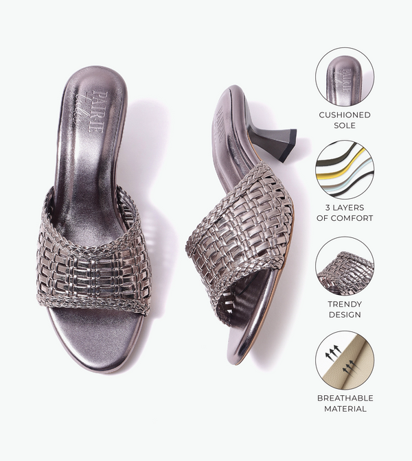 Woven Statement Mule Heels - Gunmetal