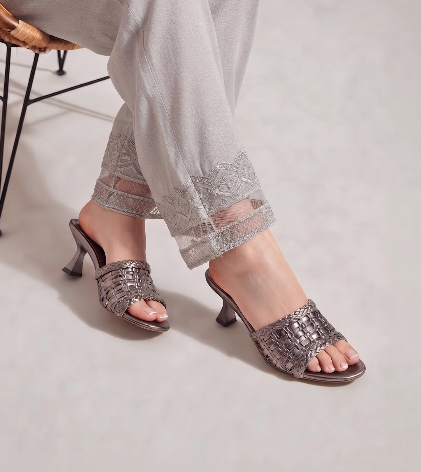 Woven Statement Mule Heels - Gunmetal