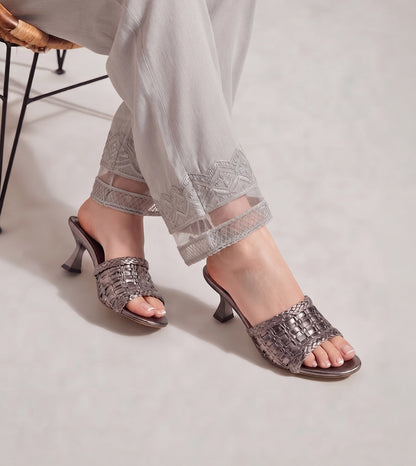 Woven Statement Mule Heels - Gunmetal