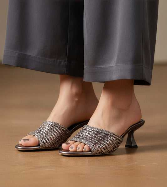 Woven Statement Mule Heels - Gunmetal