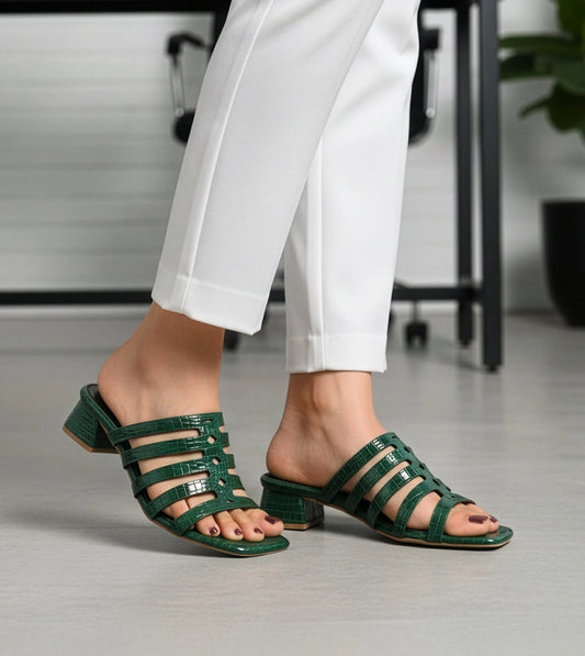 Cutout mule block heels for women in bottle green, 1.5-inch heel, worn on foot
