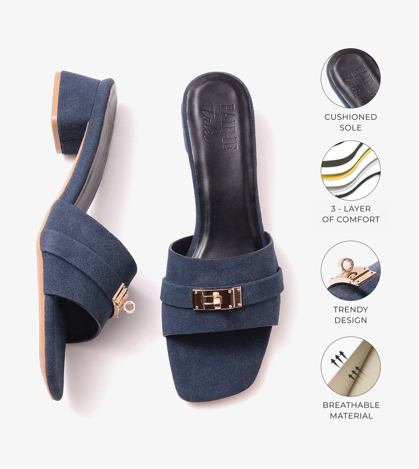 Classic Mules Block Heels - Navy Blue