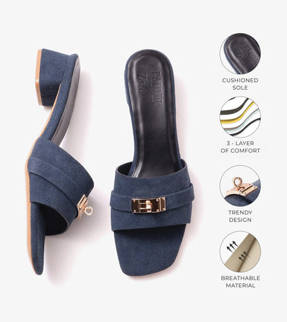 Classic Mules Block Heels - Navy Blue
