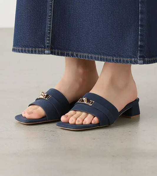 Classic Mules Block Heels - Navy Blue