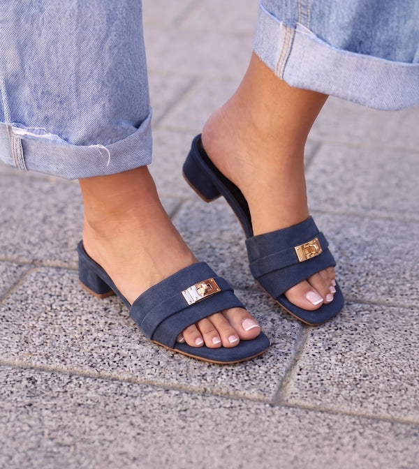 Classic Mules Block Heels - Navy Blue