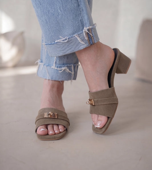 Classic Mules Block Heels - Taupe