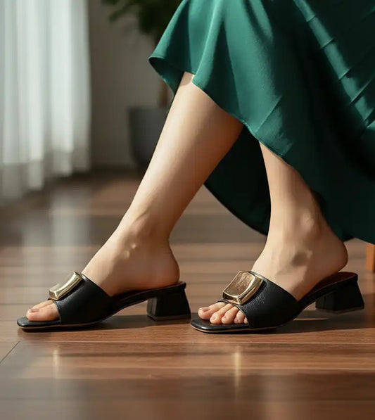 Embellished Detail Block Heels - Black