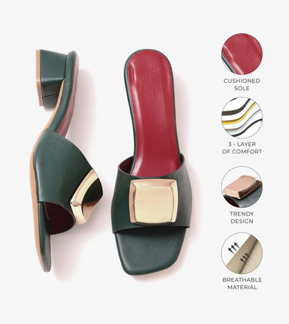 Embellished Detail Block Heels - Bottle Green