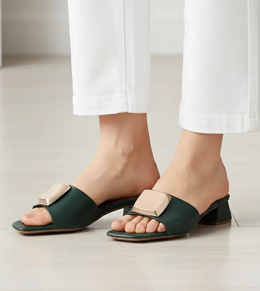 Embellished Detail Block Heels - Bottle Green