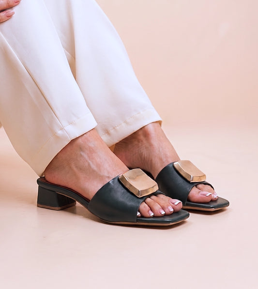 Embellished Detail Block Heels - Bottle Green