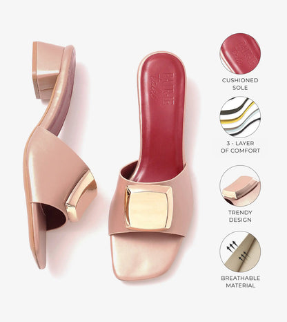 Embellished Detail Block Heels - Peach
