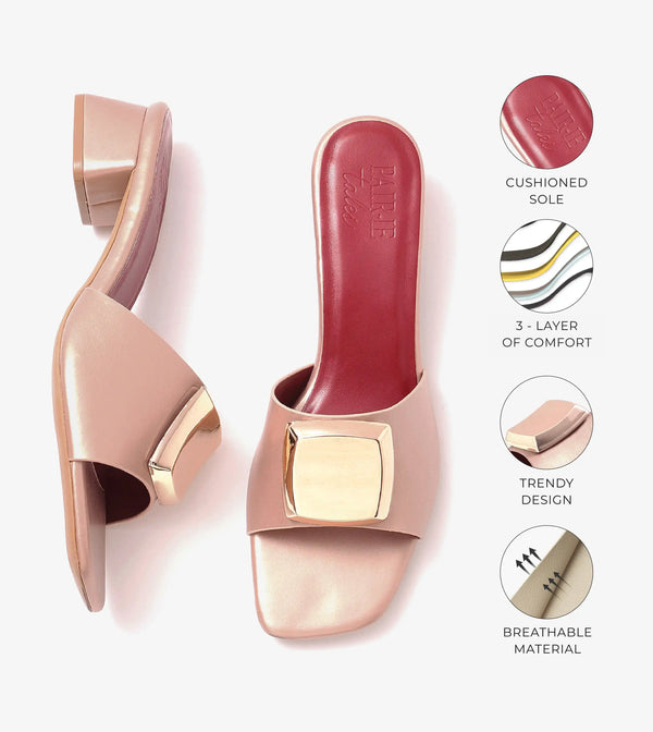 Embellished Detail Block Heels - Peach