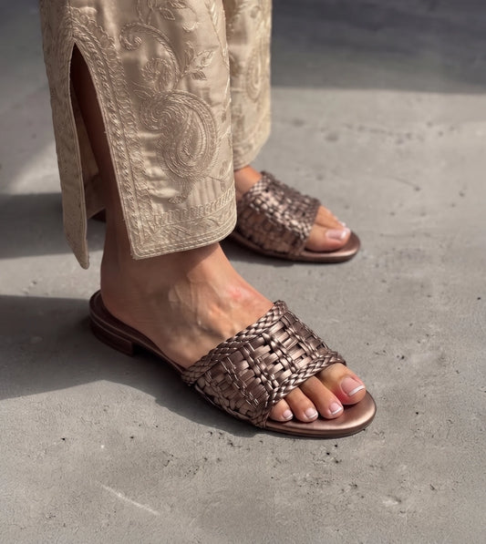 Weaved Strap Slide Flats - Antique