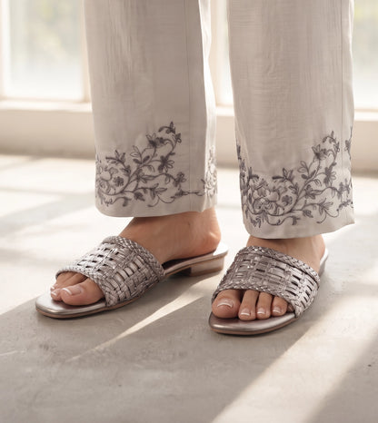 Weaved Strap Slide Flats - Gunmetal