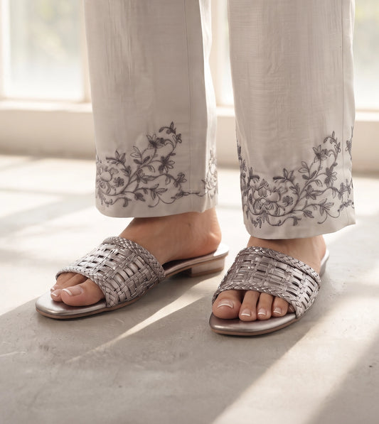 Weaved Strap Slide Flats - Gunmetal
