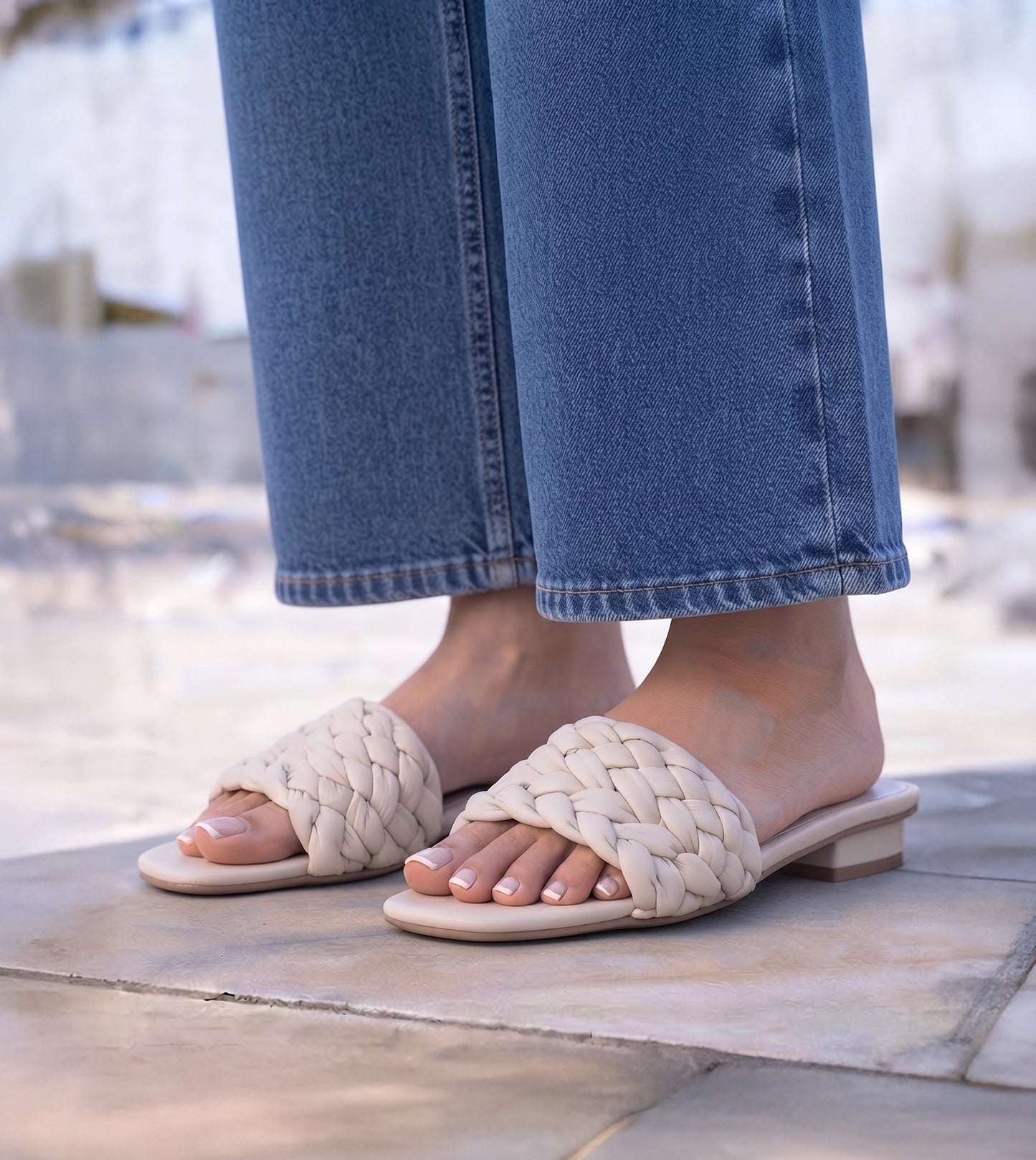 Braided Strap Comfort Slides - Beige