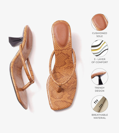 Snake Print Slip On Kitten Heels - Tan