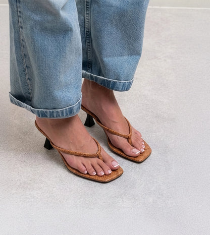 Snake Print Slip On Kitten Heels - Tan