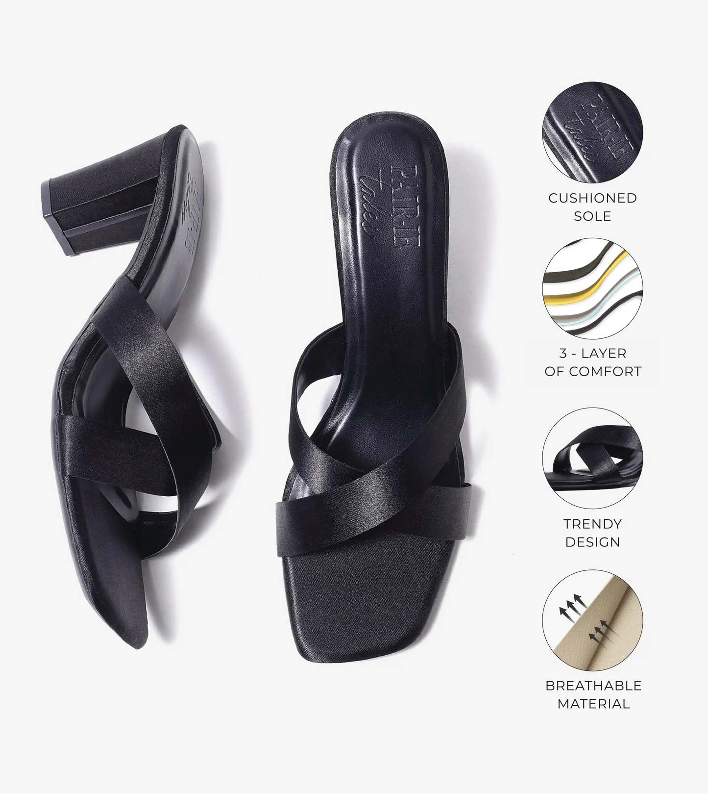 Cross Strap Block Heels - Black