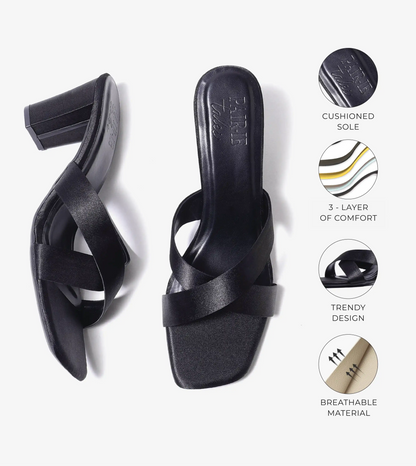 Cross Strap Block Heels - Black