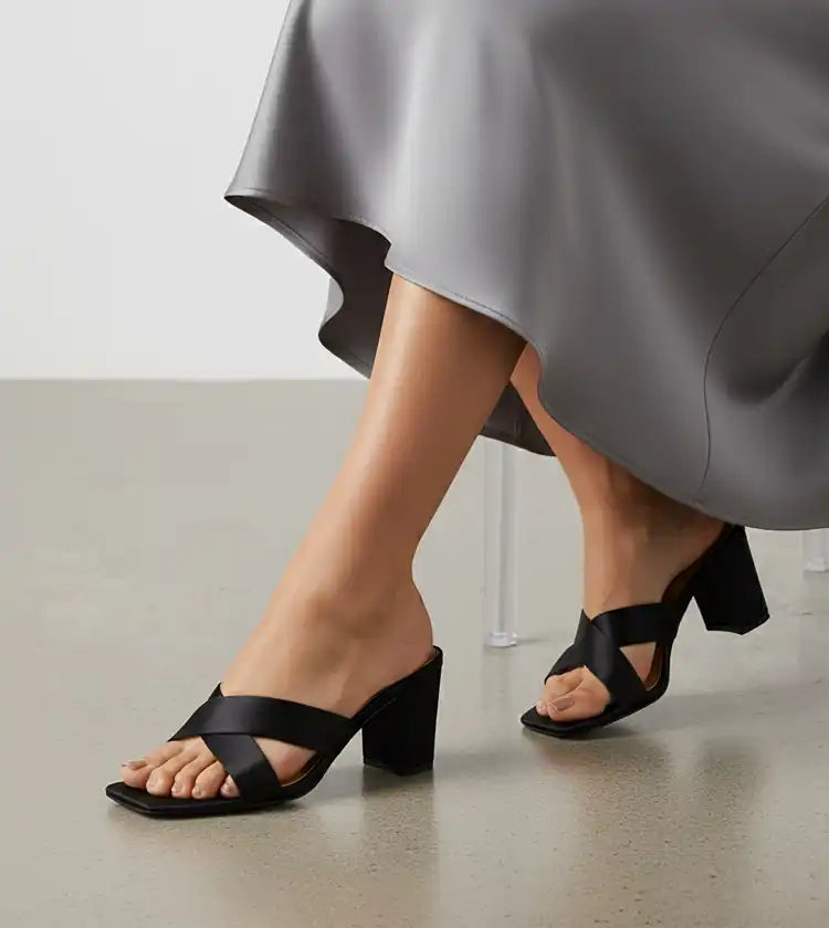 Cross Strap Block Heels - Black