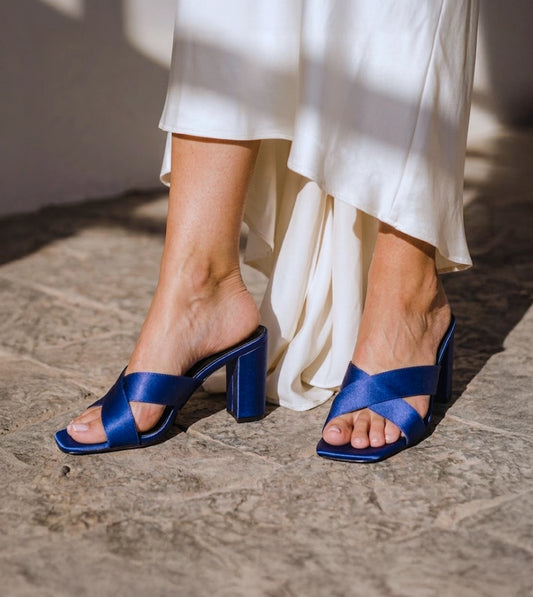 Cross Strap Block Heels - Navy