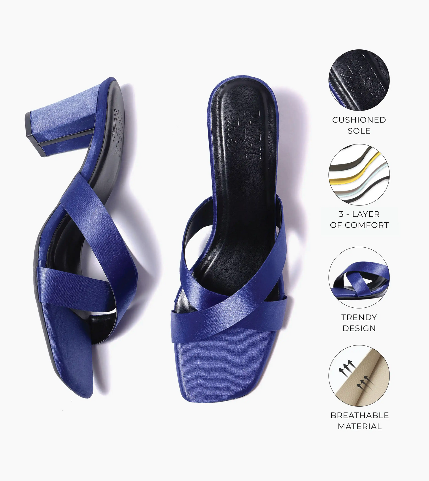 Cross Strap Block Heels - Navy