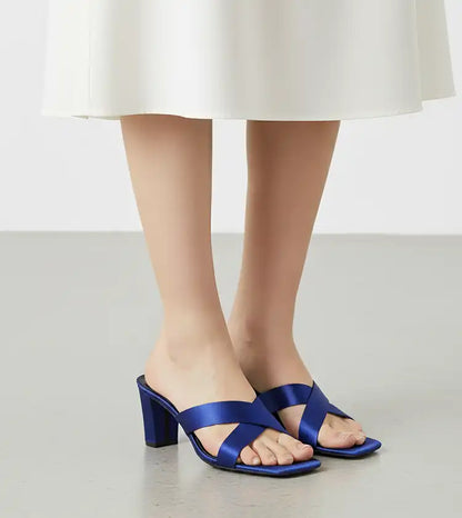 Cross Strap Block Heels - Navy