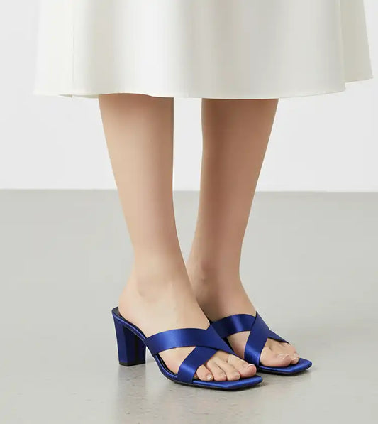 Cross Strap Block Heels - Navy