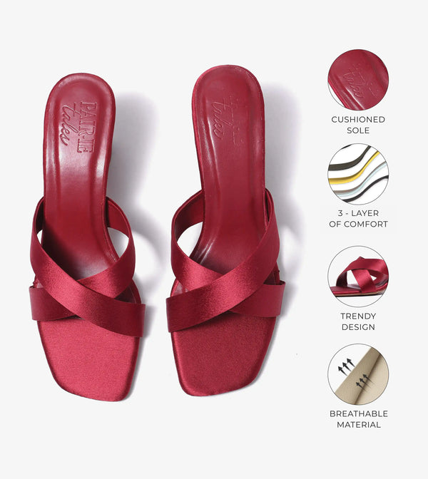 Cross Strap Block Heels - Red