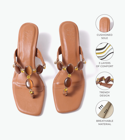 Embellished T-Strap Beaded Heels - Tan