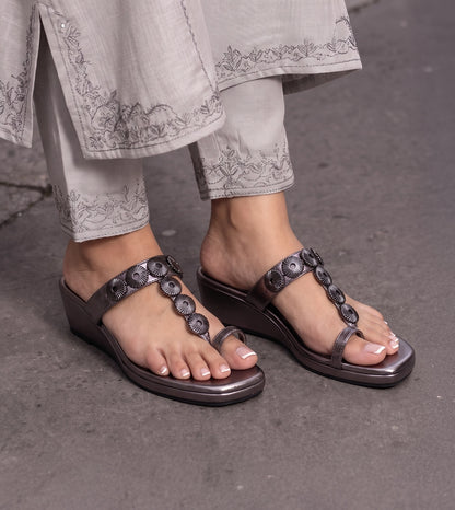 Ornate Chain Wedge Sandals - Gunmetal