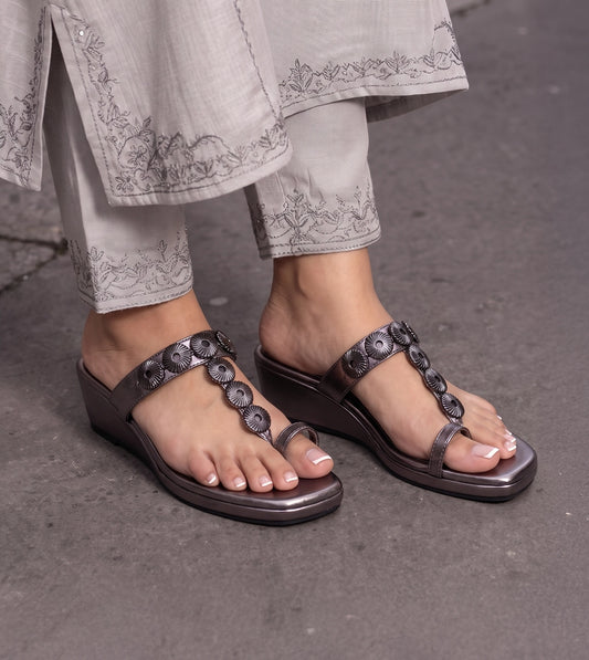 Ornate Chain Wedge Sandals - Gunmetal