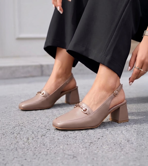 Classic Detail Slingback Heels - Beige