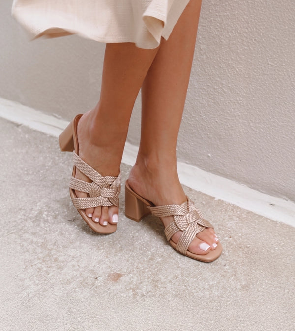 Braided Crossover Block Heels - Beige