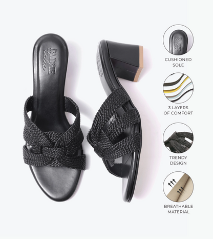 Braided Crossover Block Heels - Black