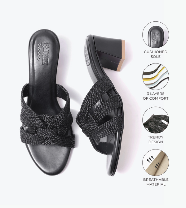 Braided Crossover Block Heels - Black