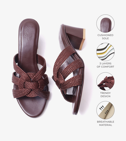Braided Crossover Block Heels - Brown