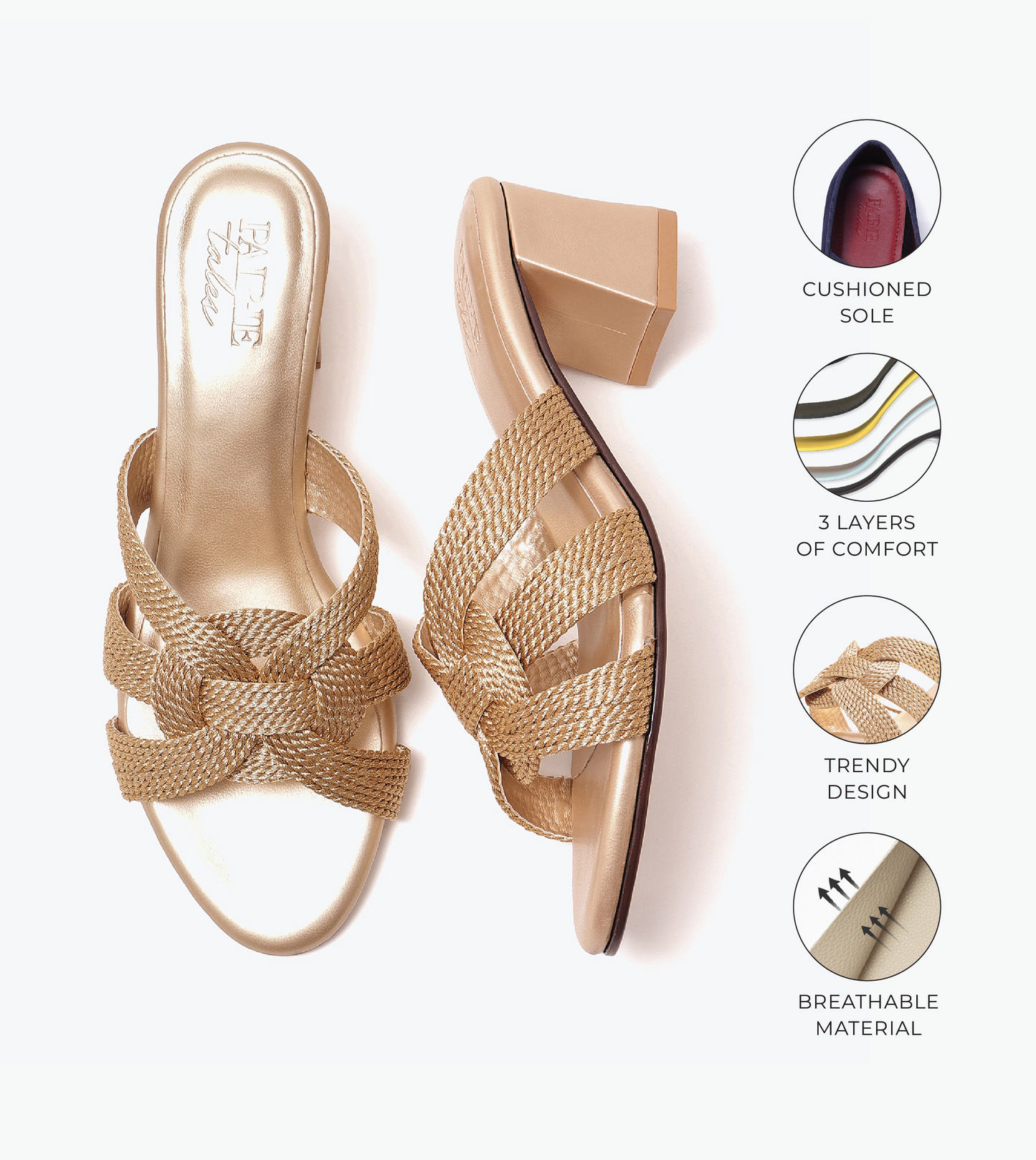 Braided Crossover Block Heels - Light Gold