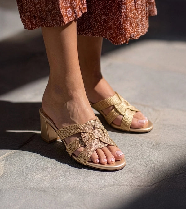 Braided Crossover Block Heels - Light Gold