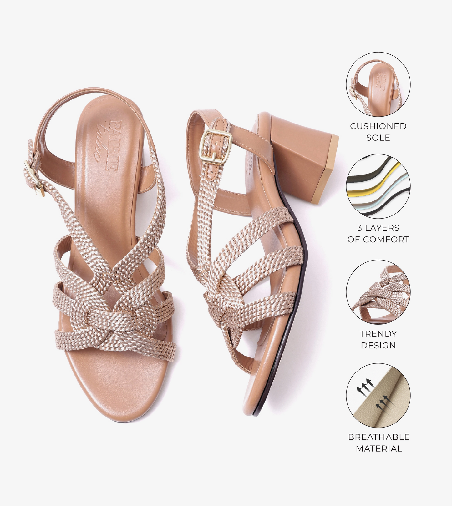 Interwoven Strap Block Heel Sandals - Beige