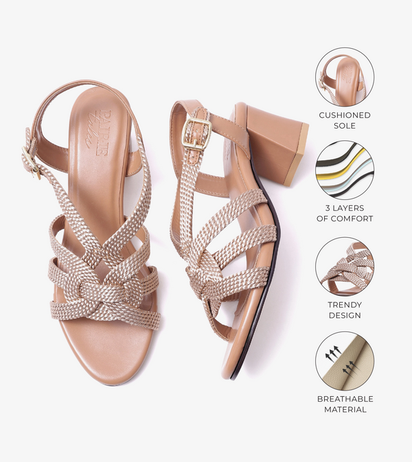 Interwoven Strap Block Heel Sandals - Beige