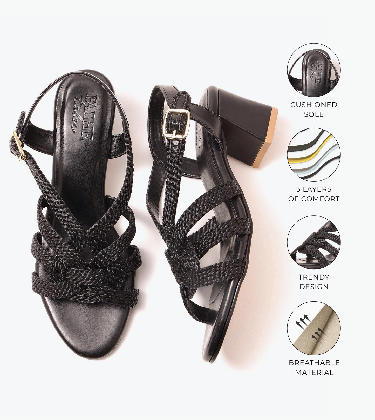 Interwoven Strap Block Heel Sandals - Black