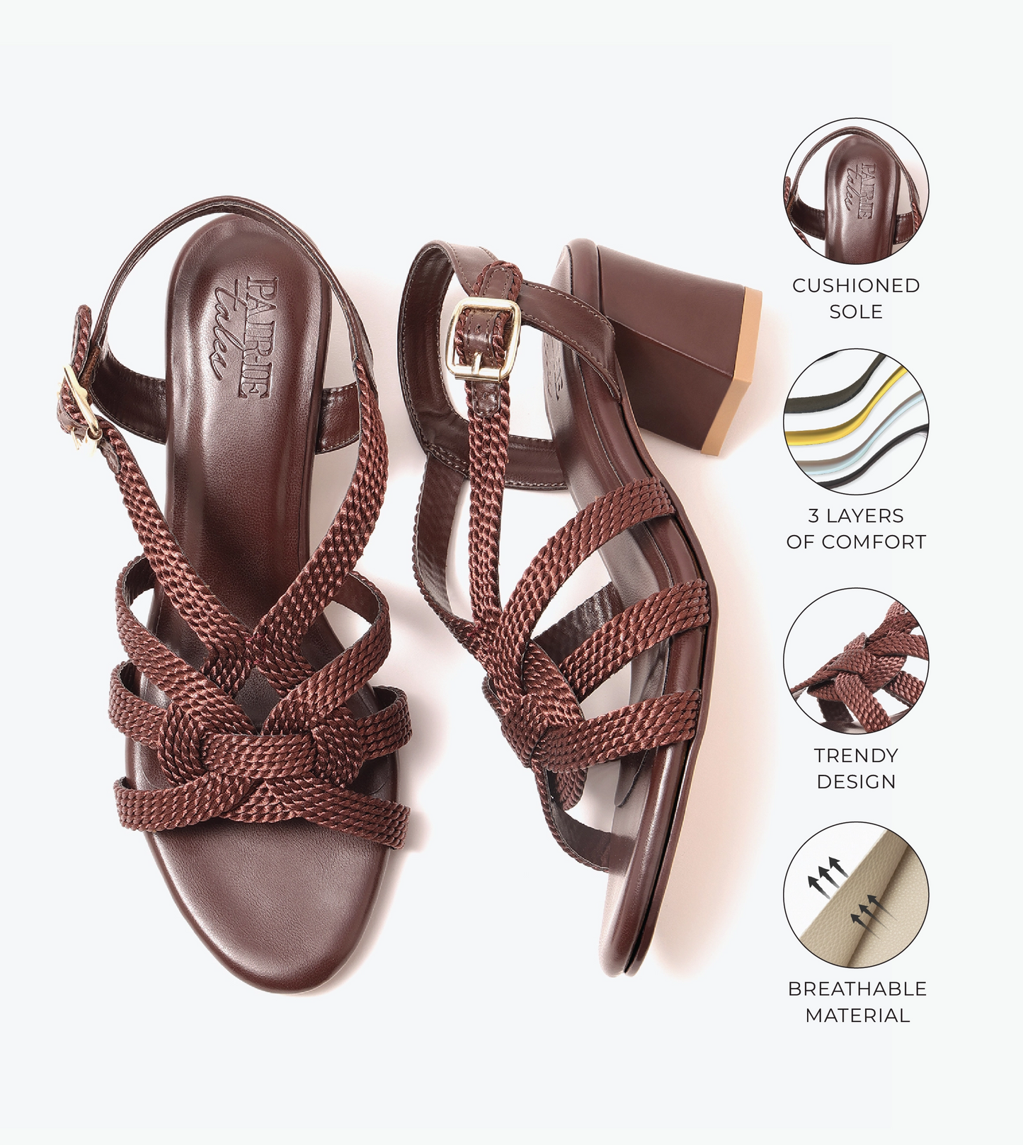 Interwoven Strap Block Heel Sandals - Brown