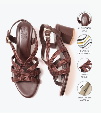 Interwoven Strap Block Heel Sandals - Brown
