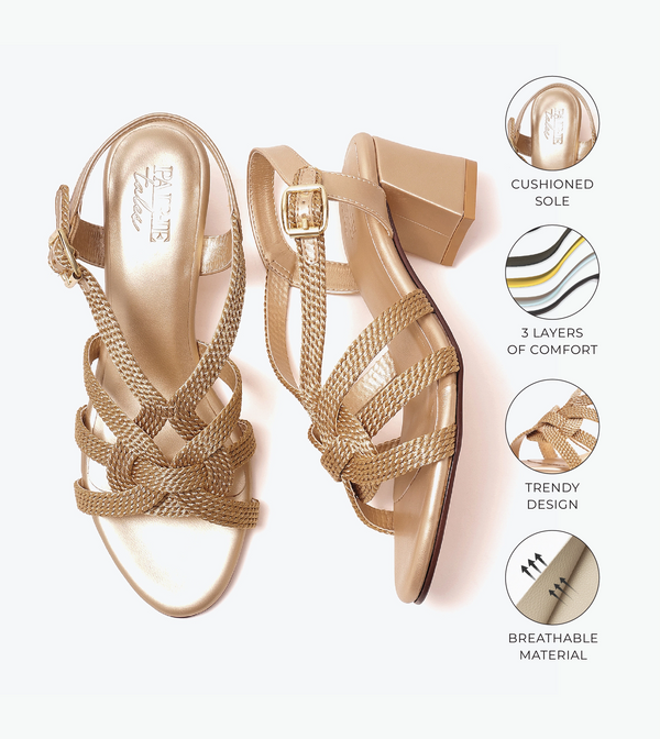 Interwoven Strap Block Heel Sandals - Light Gold