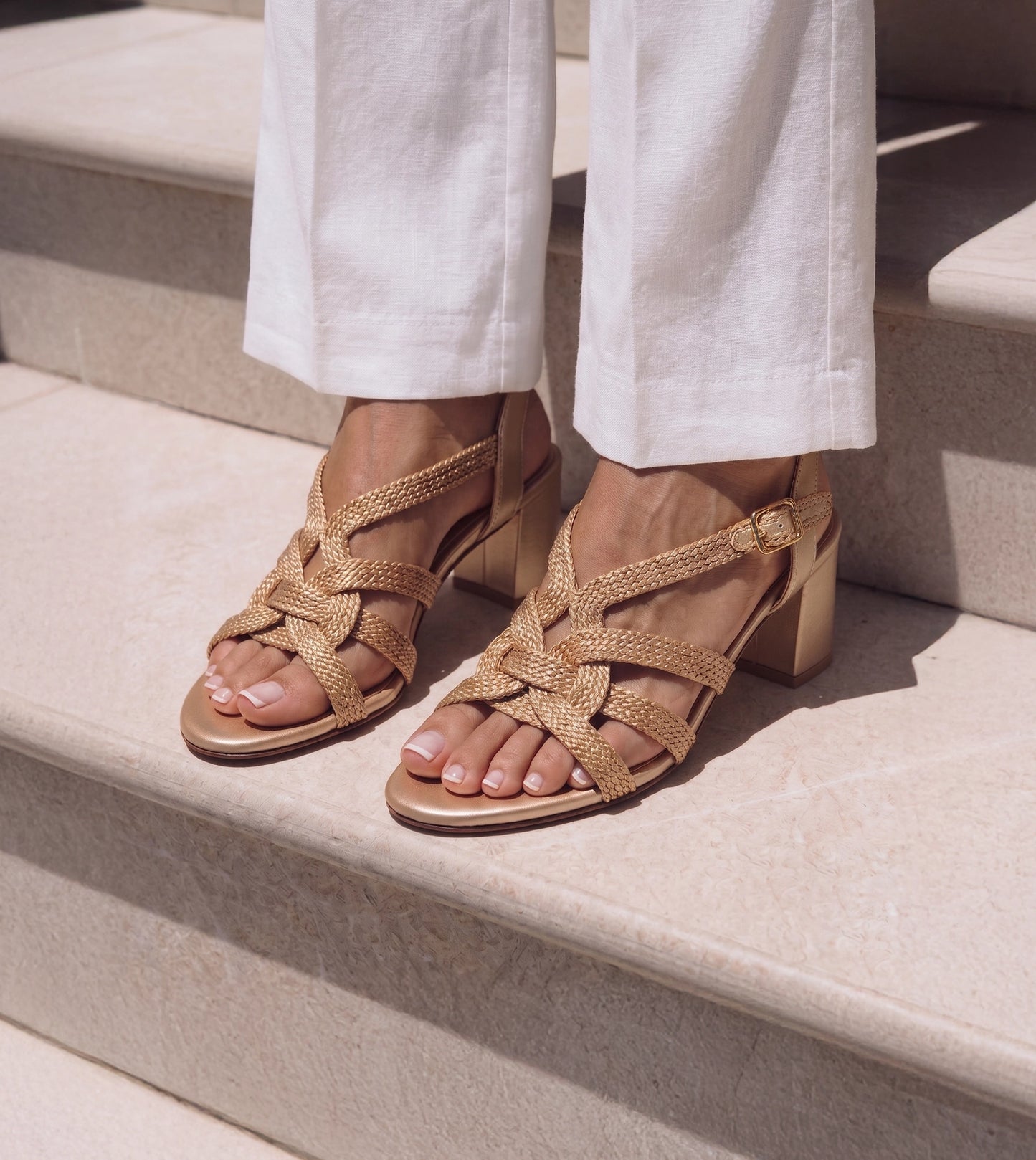 Interwoven Strap Block Heel Sandals - Light Gold