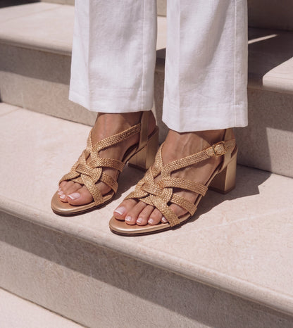 Interwoven Strap Block Heel Sandals - Light Gold