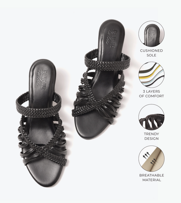 Woven Crossover Block Heel - Black