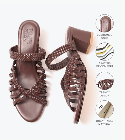 Woven Crossover Block Heel - Brown